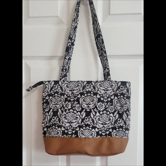 🌿Stone Mountain NY Quilted Floral Tote Bag NWT Black Tan Boho Chic Shoulder Bag - Picture 5 of 11